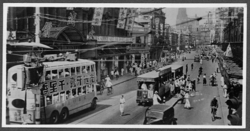 318 Shanghai-street-scene;-tram-&-double-decker-bus